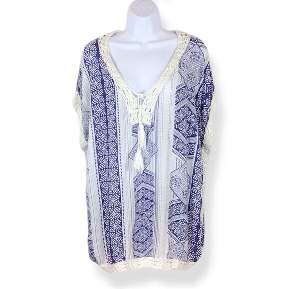 CHICO'S Blue & White Coverup Kaftan Crochet Trim w/ Tassle Drawstring size S/M - Picture 1 of 5